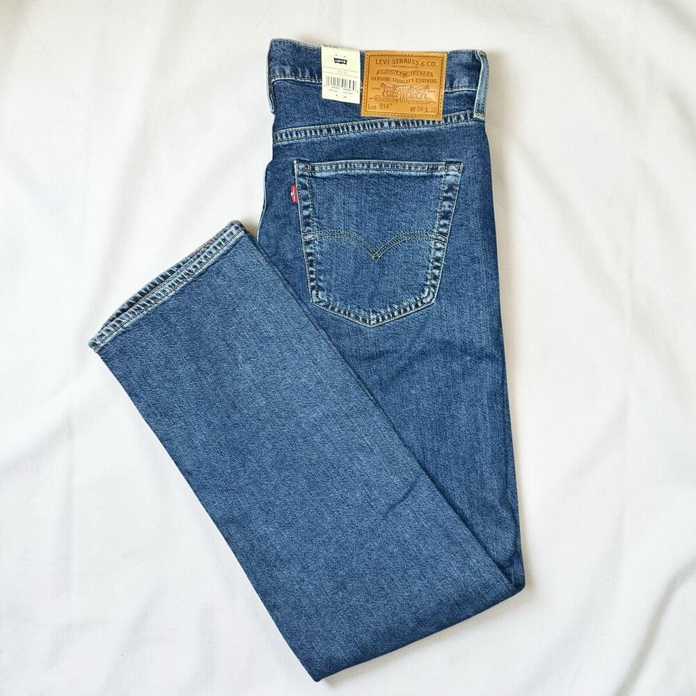 Levi's Premium 514 Mens Jeans 34x32 NWT Straight Fit Blue Denim Stretch Big E
